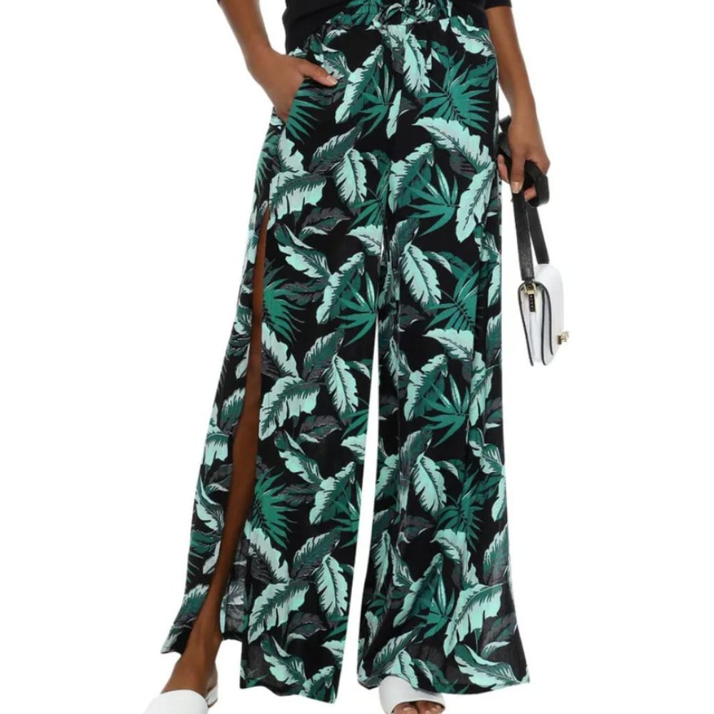 NEW Onia Chloe Palm Print Wide Split Leg Elastic Waist Knit Pants Sz M